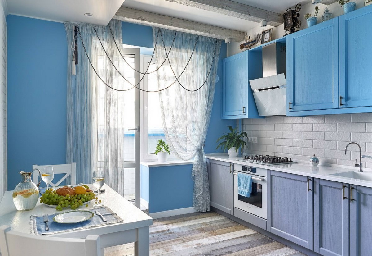 Бело голубая кухня в интерьере