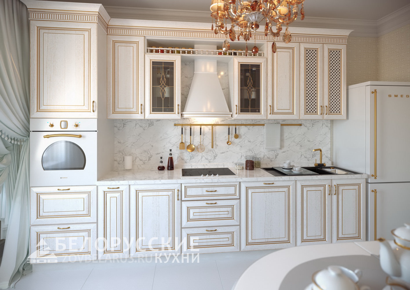 Кухня классика белая с золотой патиной